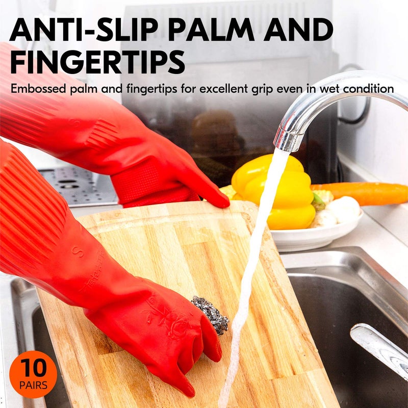 Vgo... 10-Pairs Reusable Household Gloves, Long Sleeve, Thick Latex for Kitchen, Cleaning, Washing, Working, Painting, Gardening, Pet Care (Size M, Red, RB2143) - Image 4